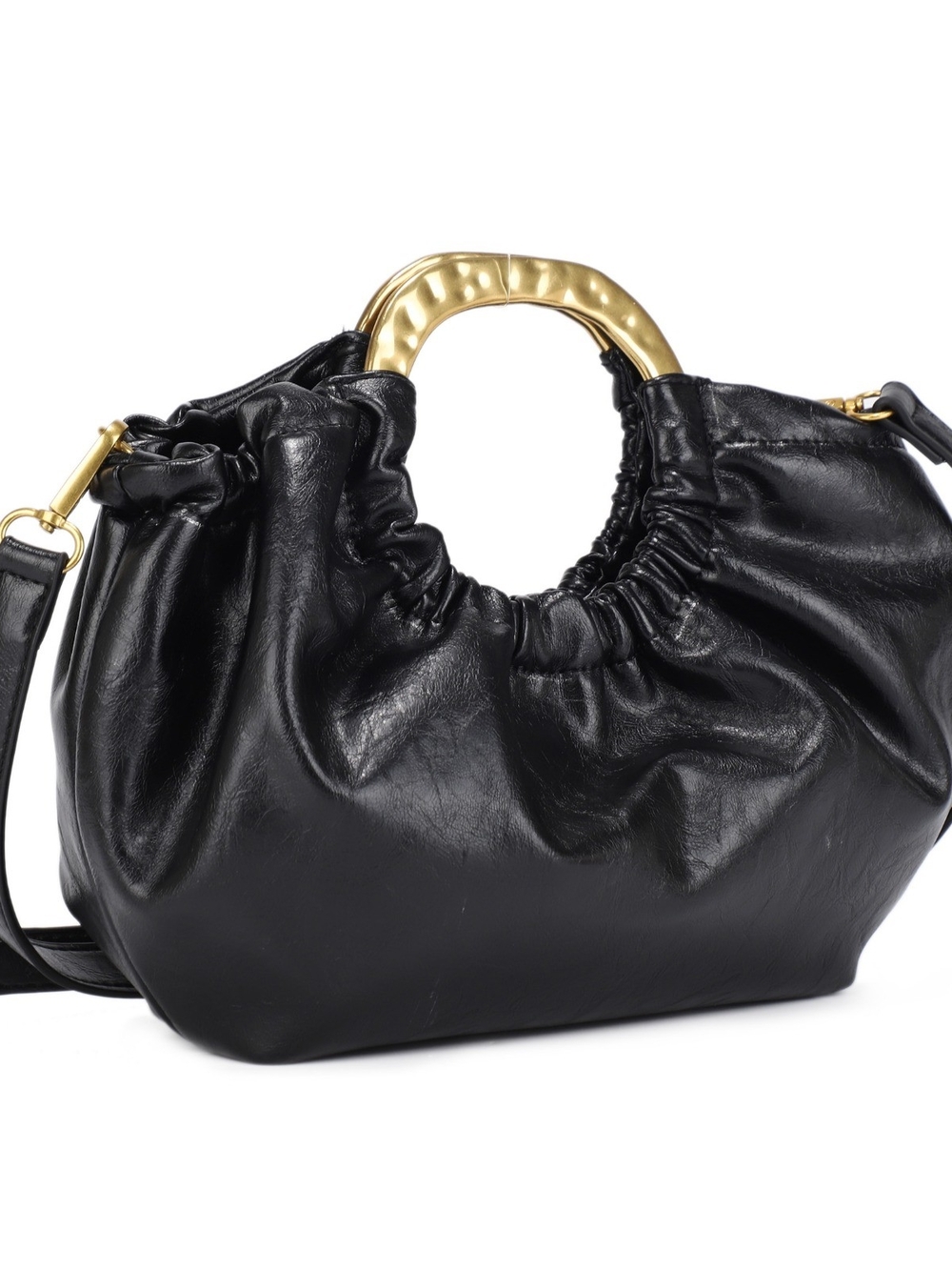 Black Vegan Leather Ruched Tote with Gold Handle